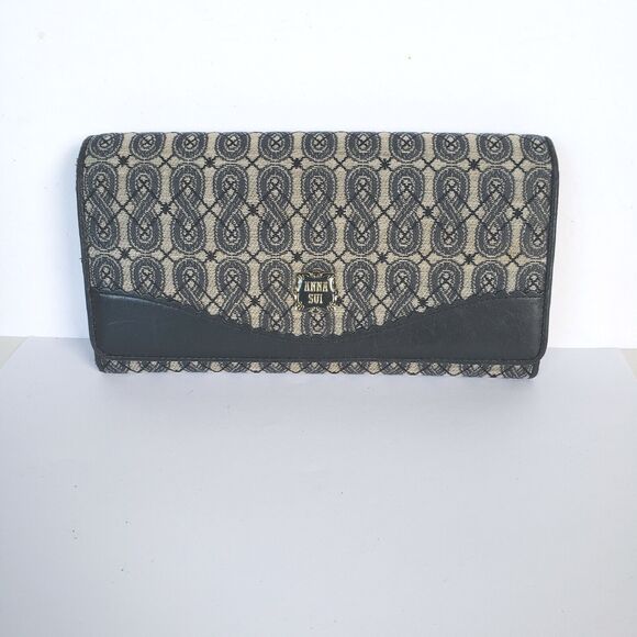 Anna Sui Wallet Clutch Gray Black Envelope Leather Canvas Boho Geometric Large - Picture 1 of 12